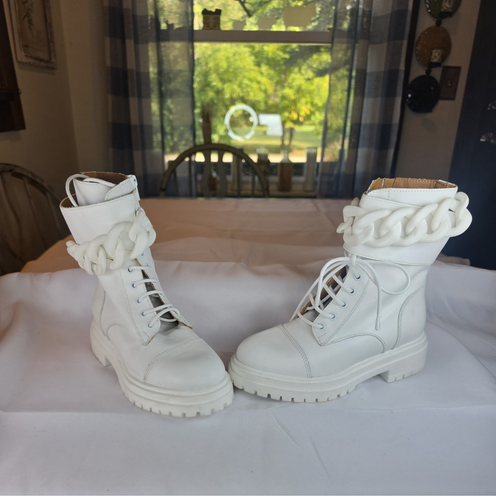 Beautisoles White Leather Combat Boots W Chain Detail. Zip w Tie Closure (35) - Picture 3 of 11